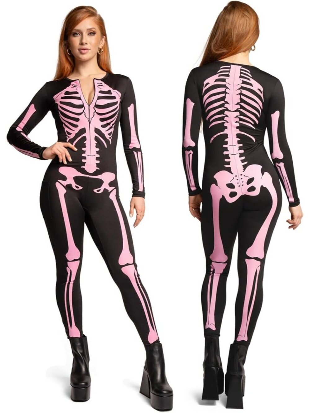 🎃Women's Pink Skeleton Halloween Bodysuit Front and Back Print Party Costume